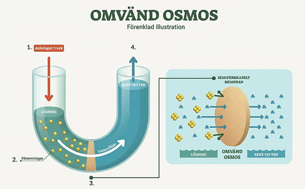 Illustration av hur omvänd osmos fungerar